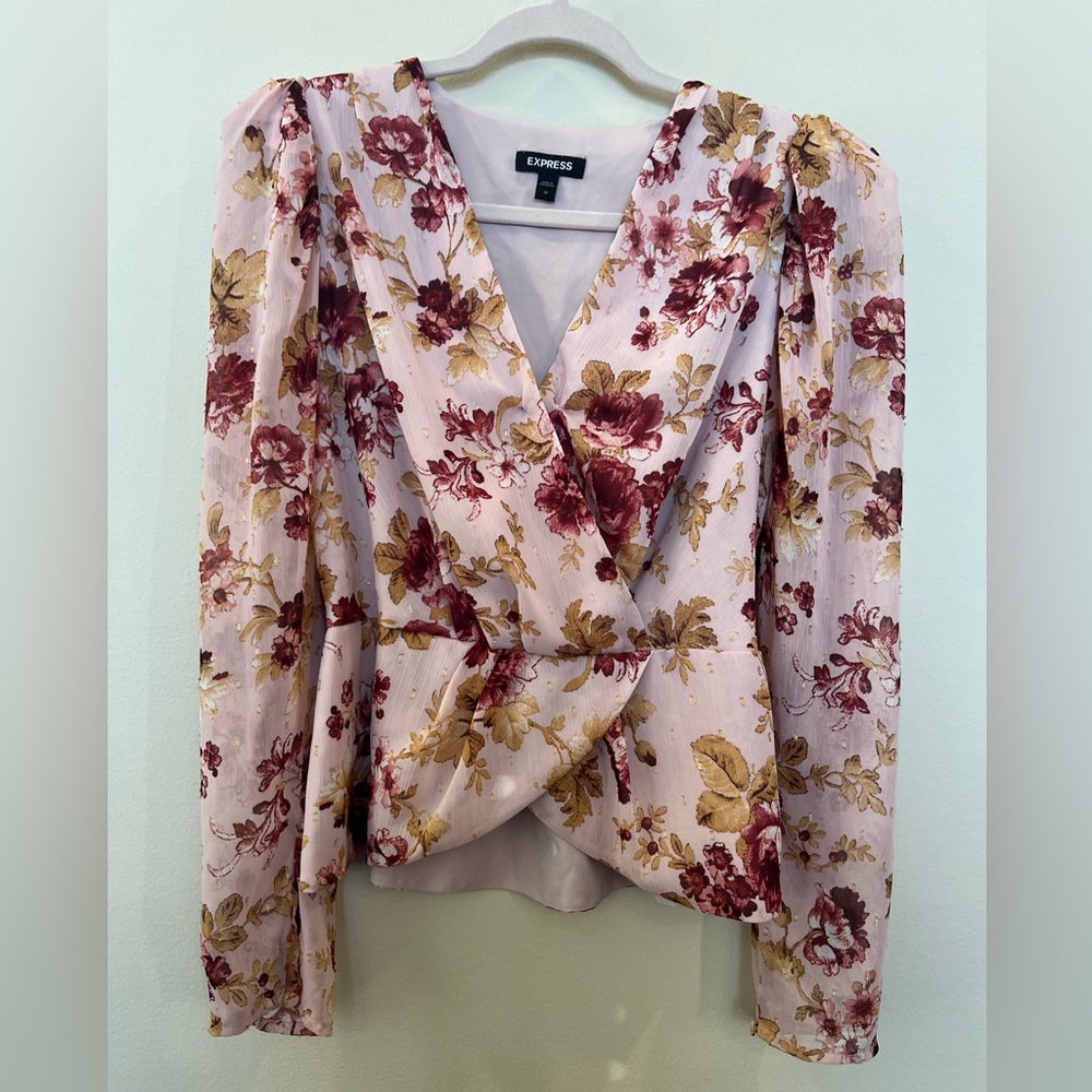 Express long sleeve cropped blouse women’s M gold foil floral feminine sheer